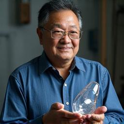Portrait of Roberto Santos, a glass artist, holding a delicate glass sculpture.