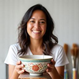 Portrait of Sofia Reyes, a ceramic painter, showcasing a hand-painted ceramic bowl.