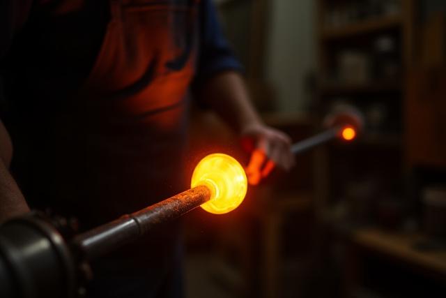 Close-up of molten glass being shaped by a glassblower's tools, illustrating the intricate glass art process from sand to sculpture.