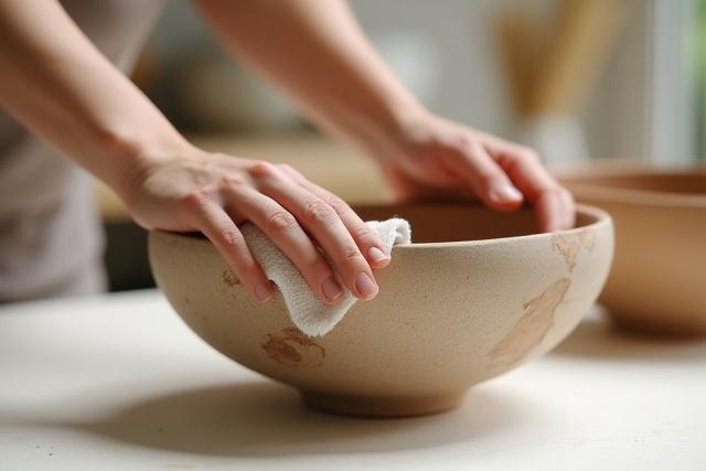 Hand-carved ceramic bowl being gently cleaned with a soft cloth, showcasing tips and tricks for caring for handcrafted pottery.