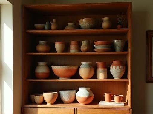 Beautifully arranged handcrafted pottery on an open wooden shelf in a well-lit home, showcasing various shapes and glazes.