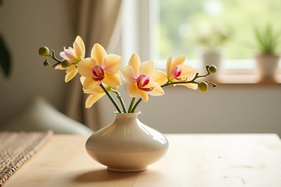 Stylish ceramic vase with fresh flowers on a light wooden table, enhancing home aesthetics.