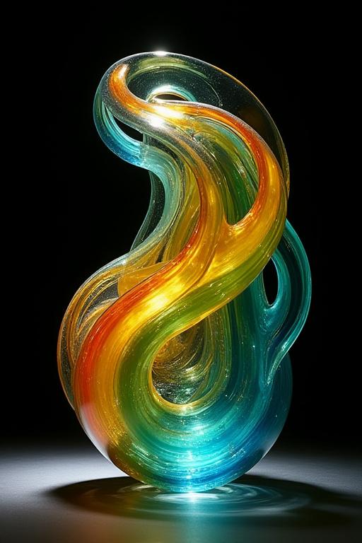 Abstract blown glass sculpture with vibrant swirling colors