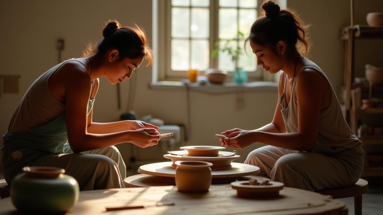 Artisans crafting custom pottery with intricate detail
