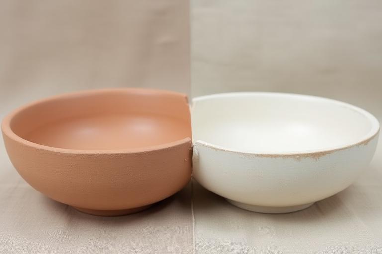 Close-up of a rustic earthenware bowl next to a more refined stoneware plate, showing textural differences.