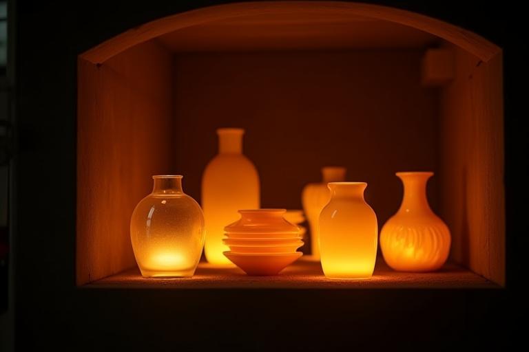 Glass art pieces cooling slowly in an annealing oven, ensuring structural integrity.