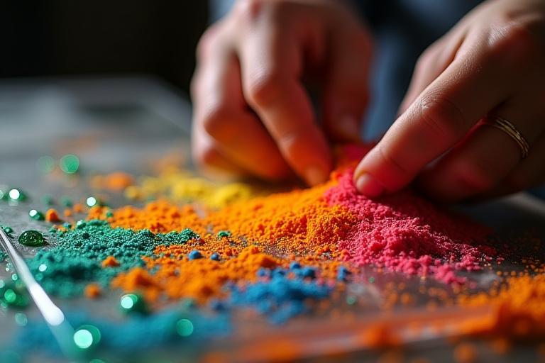 Artisan adding vibrant colored glass frits and powders to a glass piece during the shaping process.