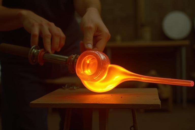 Glassblower shaping molten glass on a puntil, demonstrating skillful manipulation and delicate handling.