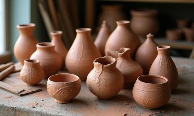 Various unique ceramic pieces created using hand-building techniques, displayed on a wooden table.