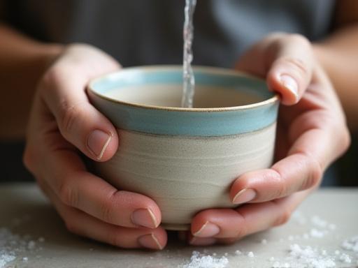 Close-up of hands gently washing a delicate, hand-painted ceramic cup with a soft cloth.