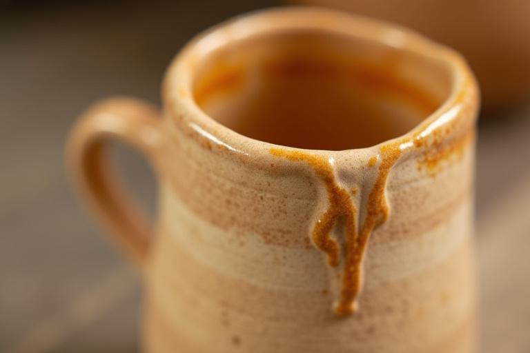 Close-up of a handmade ceramic mug, showing subtle irregularities in glaze and form, emphasizing its unique character.