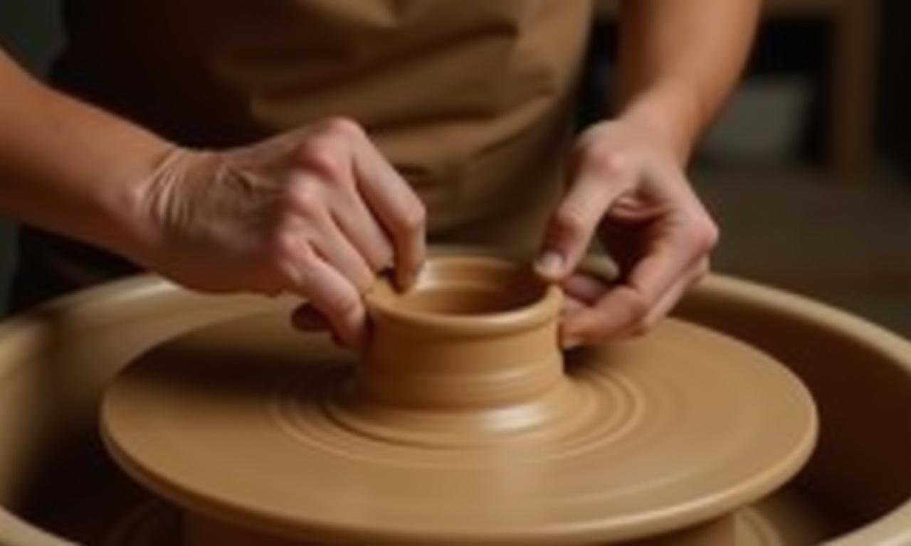 Hands shaping clay on a pottery wheel