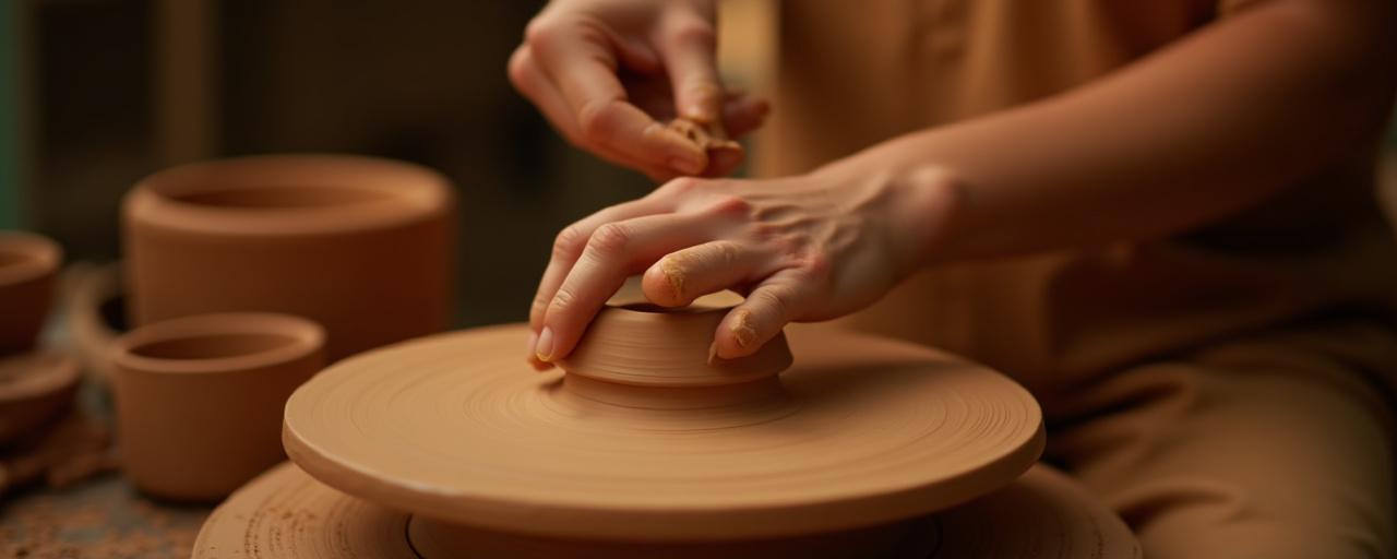 Artisan's hands shaping clay on a pottery wheel, bathed in warm, soft light.