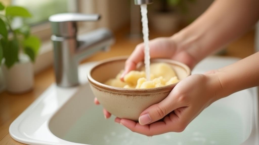 Handcrafted ceramic bowl being gently washed under running water with a soft sponge, bright and clean kitchen setting.