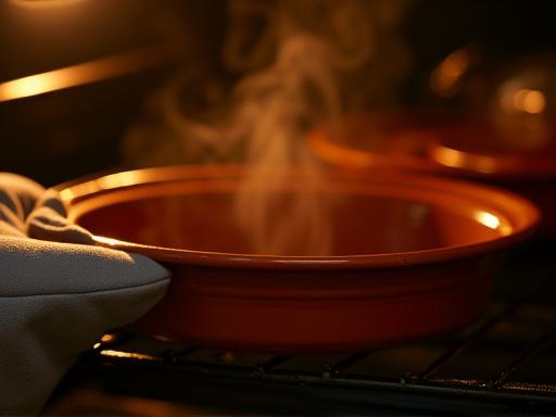 A handcrafted ceramic casserole dish coming out of a warm oven, steam visible.