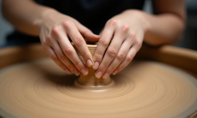A student's hands skillfully molding clay on a pottery wheel under soft light.