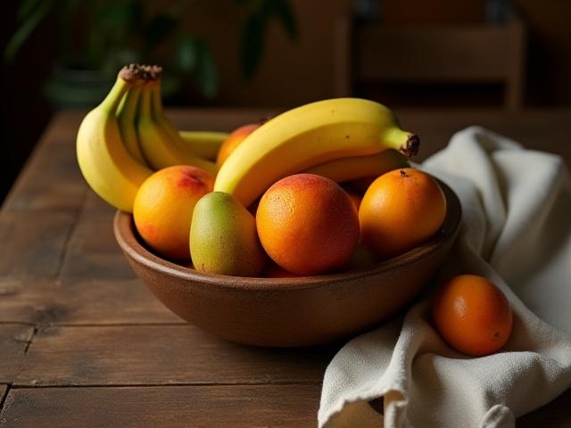 Hand-thrown rustic ceramic bowl filled with fruit on a wooden farm table in a cozy, country-style kitchen.