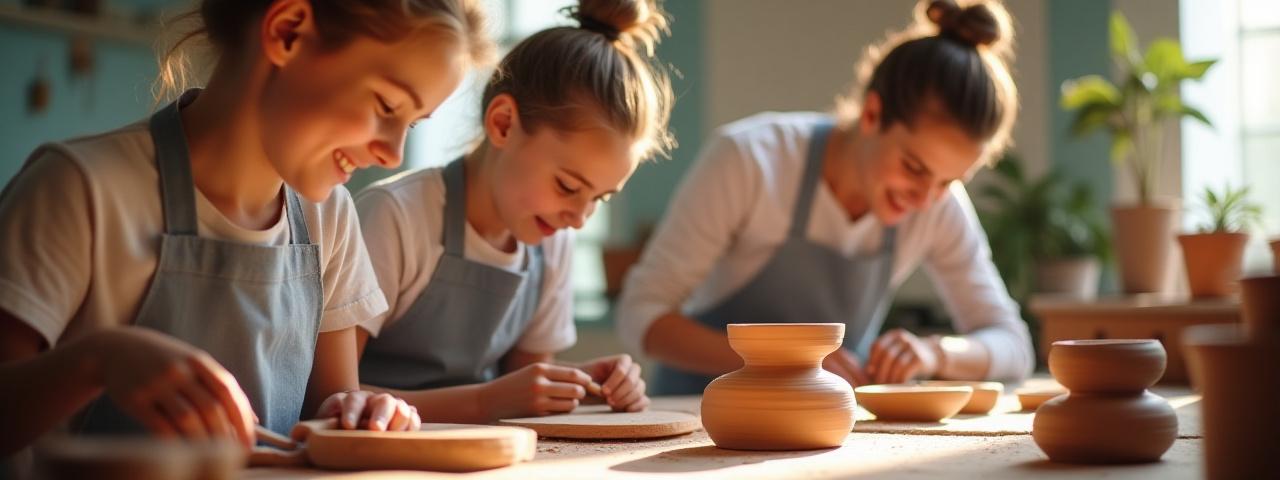 Students attentively hand-building pottery in a bright, modern workshop, guided by an instructor